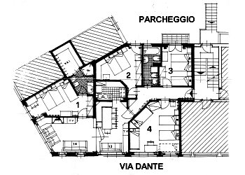 Appartamento a Predazzo. <ol>
<li>camera a 2 letti con bagno/doccia</li>
<li>camera matrimoniale</li>
<li>camera a 2 letti con balcone</li>
<li>camera a 4 letti: matrimoniale + 2 singoli</li>
<p>
<ol>